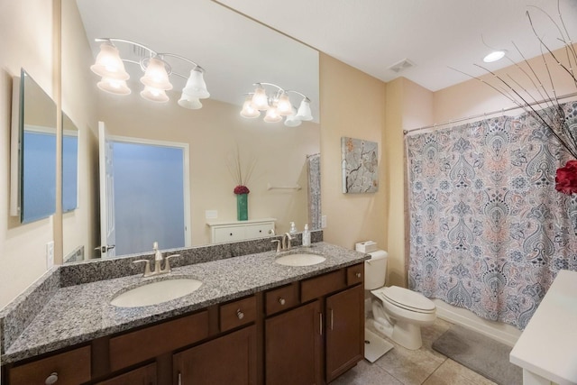 full bathroom featuring tile patterned flooring, shower / tub combo, vanity, a notable chandelier, and toilet