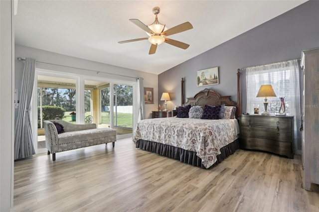 bedroom featuring lofted ceiling, access to outside, light hardwood / wood-style floors, and ceiling fan