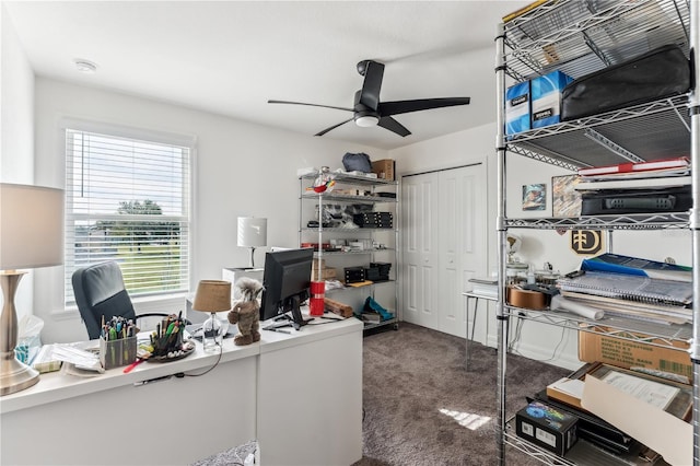 office space with ceiling fan and dark carpet