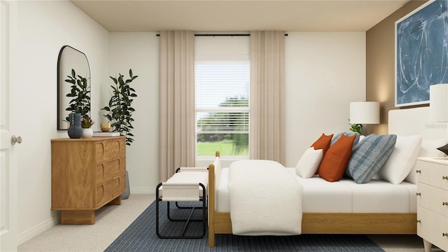 bedroom featuring light colored carpet