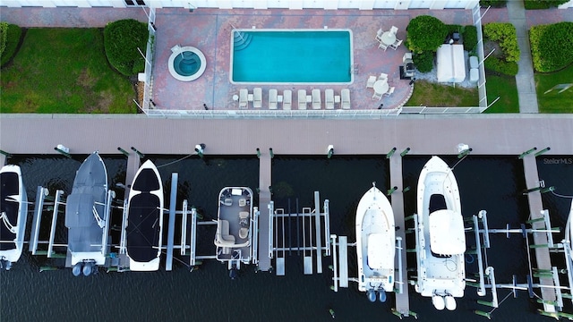 drone / aerial view featuring a water view