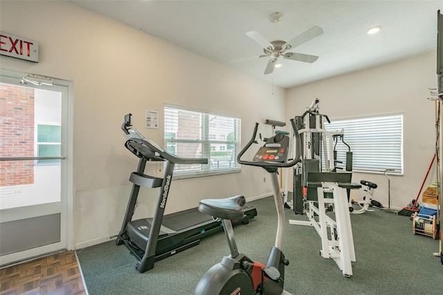 workout area with ceiling fan