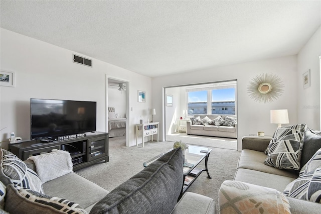 living room featuring light colored carpet and a textured ceiling