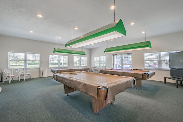 rec room with carpet floors, a wealth of natural light, and billiards