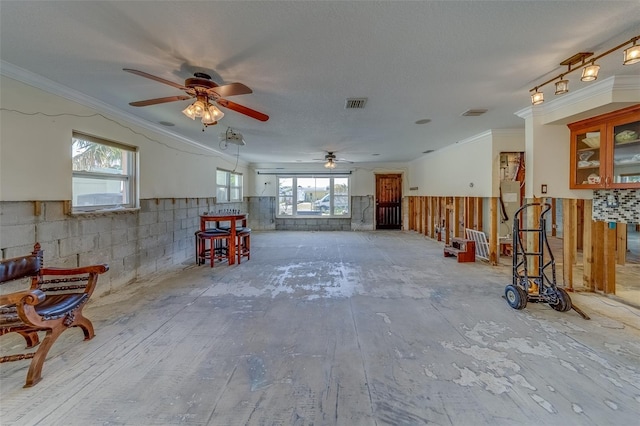 miscellaneous room featuring ceiling fan, ornamental molding, and a textured ceiling