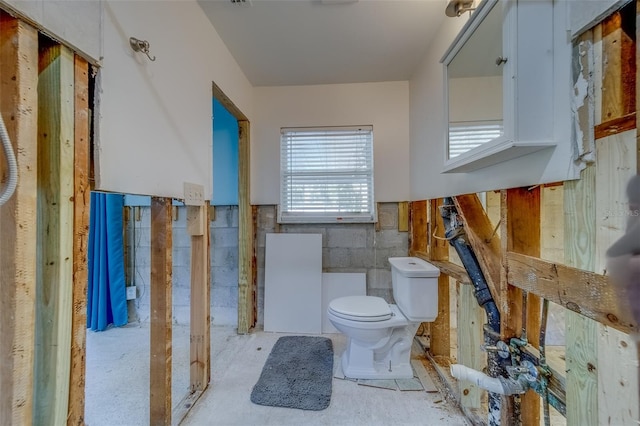 bathroom with toilet and tile walls