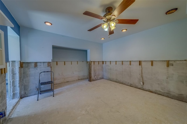 basement with ceiling fan