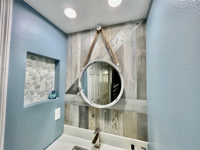 details with sink, a barn door, and wood walls