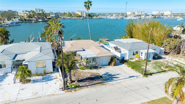 drone / aerial view with a water view