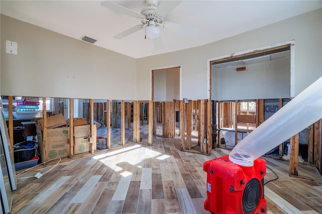 interior space featuring ceiling fan and light wood-type flooring