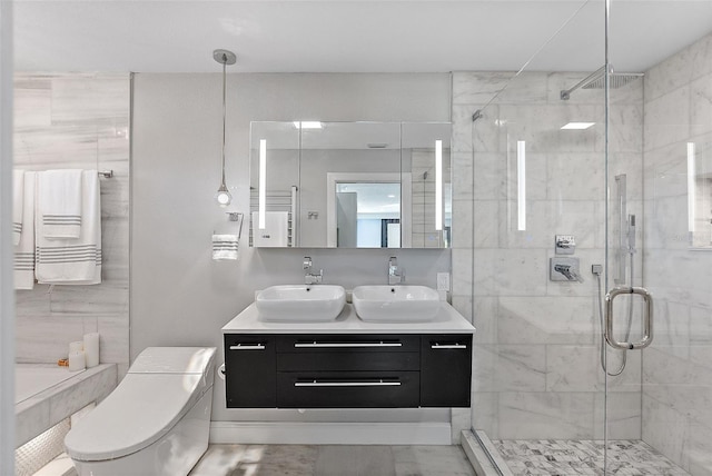 bathroom with vanity, toilet, and an enclosed shower