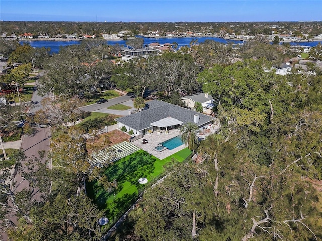 drone / aerial view with a water view