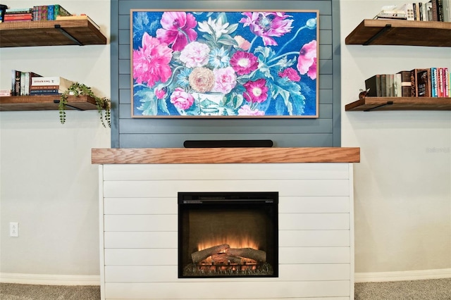 room details with carpet floors and a large fireplace