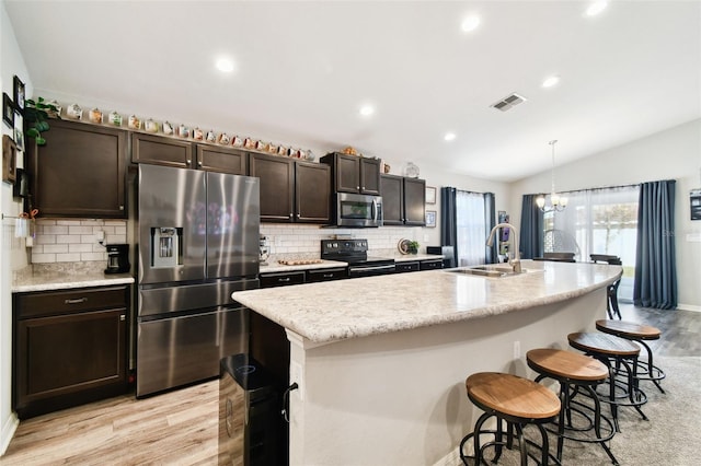 kitchen with vaulted ceiling, appliances with stainless steel finishes, pendant lighting, sink, and a kitchen island with sink