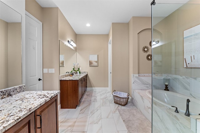 bathroom with vanity and plus walk in shower