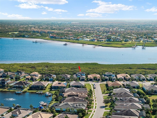 drone / aerial view featuring a water view