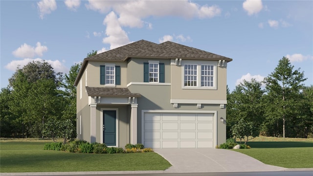 view of front of property featuring a garage and a front lawn