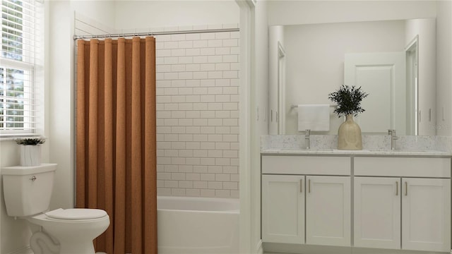 full bathroom featuring vanity, shower / tub combo with curtain, and toilet