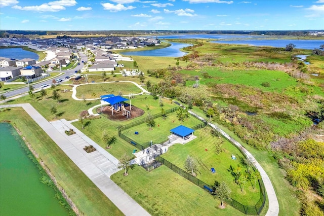 drone / aerial view featuring a water view