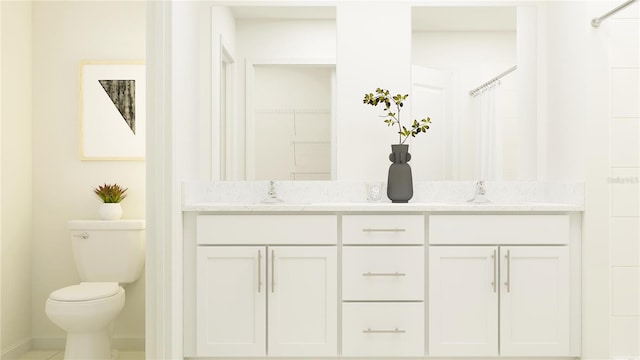 bathroom featuring vanity, toilet, and a shower with shower curtain