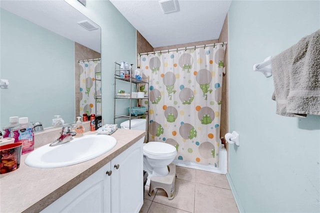 full bathroom with shower / tub combo with curtain, vanity, toilet, and tile patterned flooring