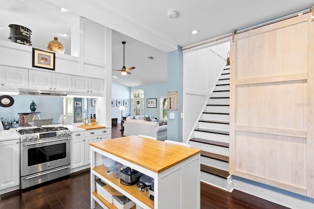 kitchen with white cabinetry, high end stainless steel range oven, ceiling fan, a barn door, and dark wood-type flooring