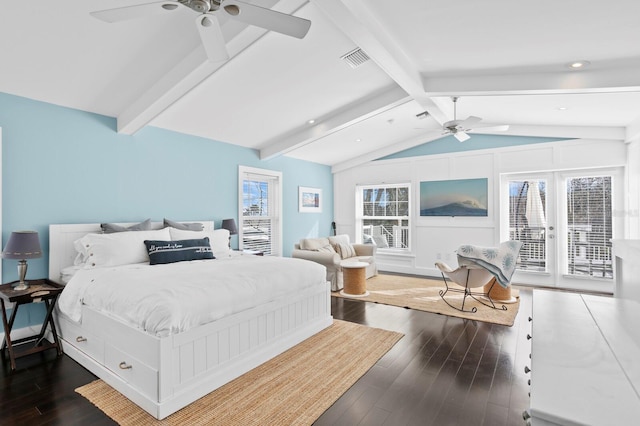 bedroom with lofted ceiling with beams, dark wood-type flooring, access to outside, and multiple windows