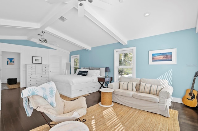 bedroom featuring dark hardwood / wood-style flooring and lofted ceiling with beams