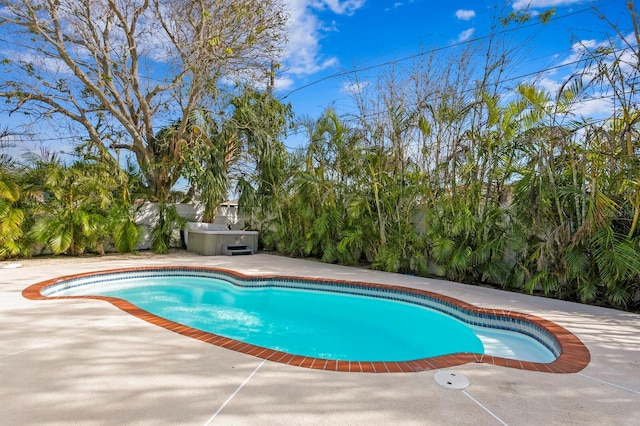 view of pool featuring a hot tub and a patio area