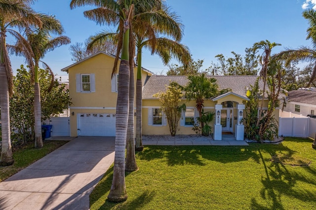 view of front of home with a garage and a front lawn