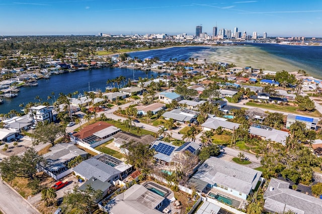 drone / aerial view featuring a water view