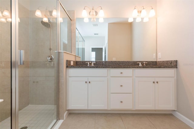 bathroom with a stall shower, tile patterned flooring, a sink, and double vanity