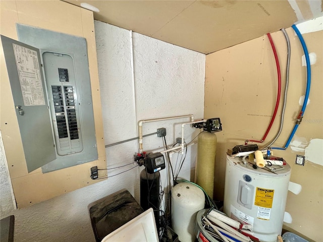 utility room with electric panel and water heater