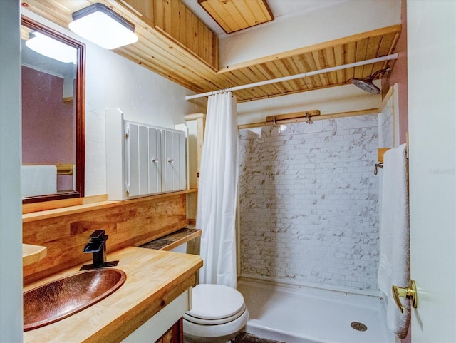 bathroom featuring toilet, a stall shower, and vanity