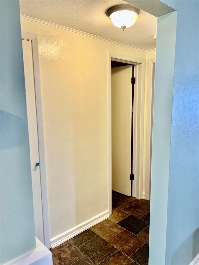 hall with baseboards, ornamental molding, and stone tile flooring