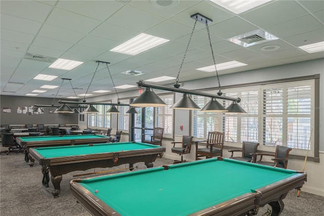 rec room with a drop ceiling, carpet, billiards, and visible vents