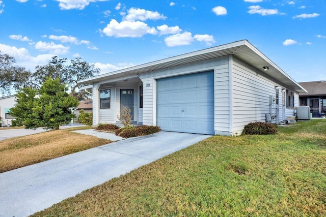 ranch-style house with central AC unit, a garage, and a front yard