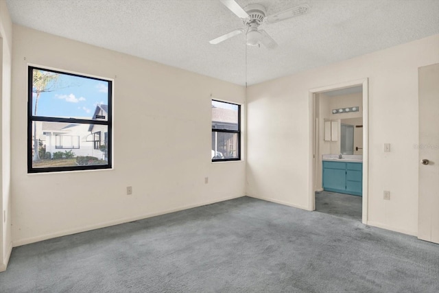 spare room with ceiling fan, carpet, sink, and a textured ceiling