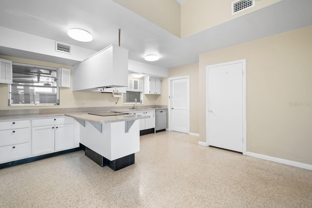 kitchen featuring dishwasher, white cabinets, a kitchen bar, black electric stovetop, and kitchen peninsula