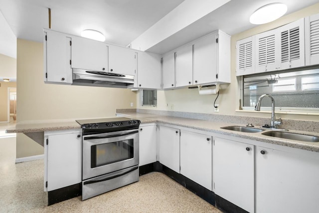 kitchen featuring white cabinetry, sink, and electric range