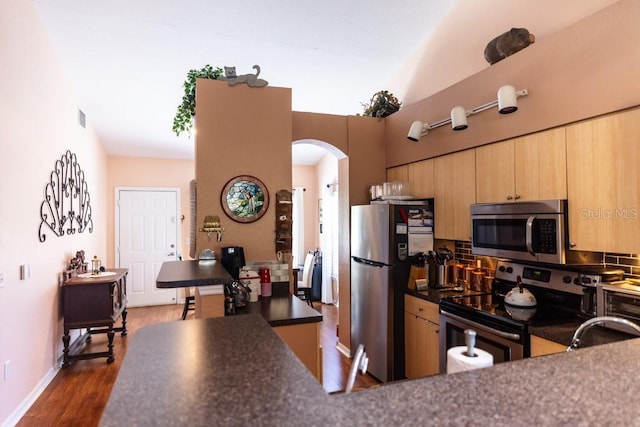 kitchen featuring stainless steel appliances, dark hardwood / wood-style floors, sink, and light brown cabinets