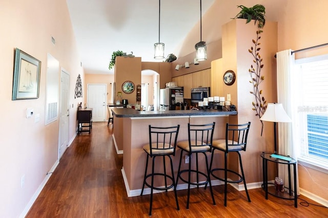 kitchen with pendant lighting, dark hardwood / wood-style flooring, appliances with stainless steel finishes, light brown cabinetry, and kitchen peninsula