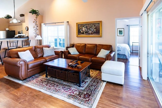 living room featuring a towering ceiling and hardwood / wood-style floors