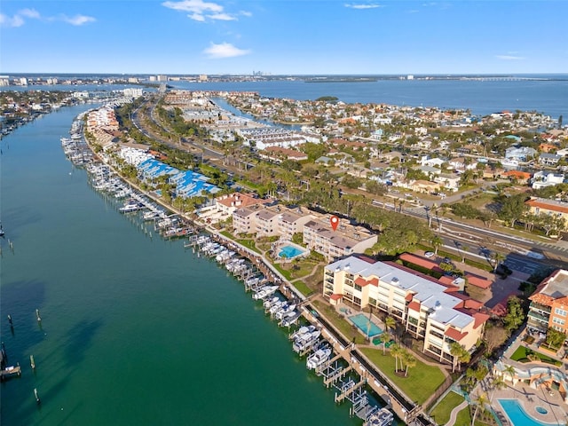 birds eye view of property featuring a water view