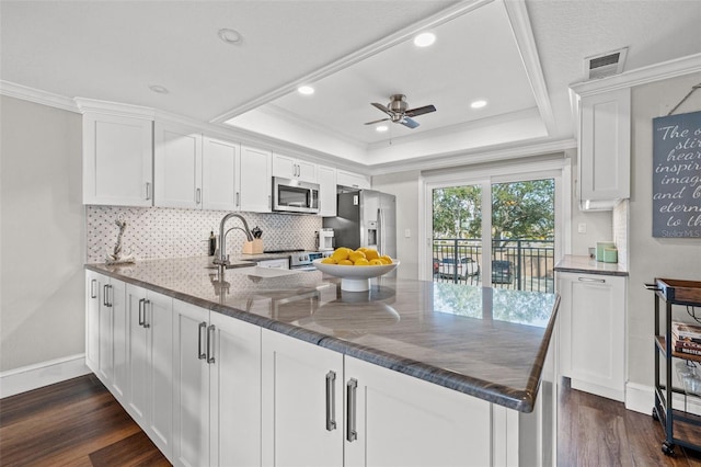 kitchen with appliances with stainless steel finishes, kitchen peninsula, a raised ceiling, and white cabinets