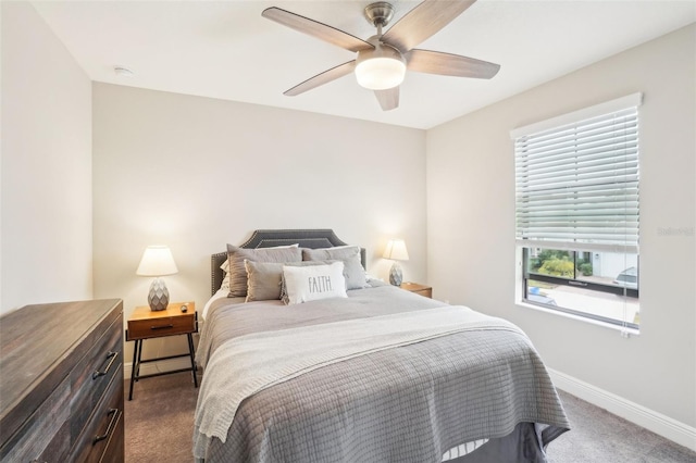 bedroom with ceiling fan and dark carpet