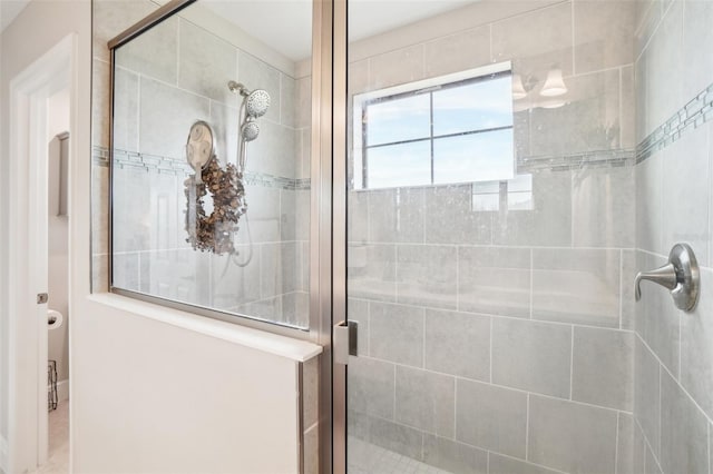 bathroom featuring a shower with shower door