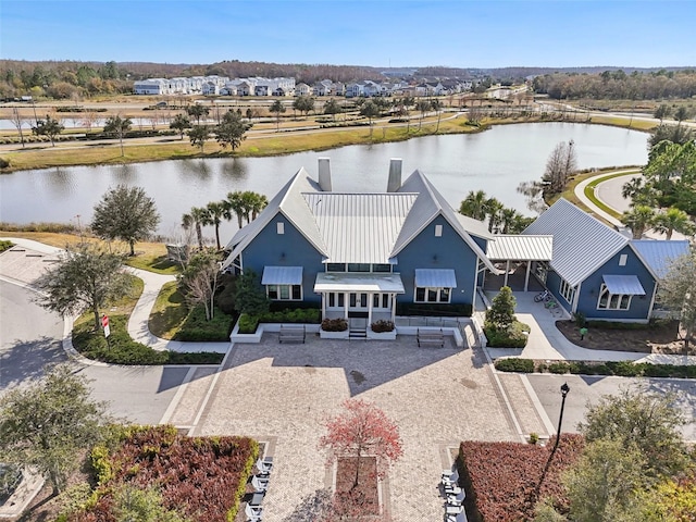 aerial view featuring a water view