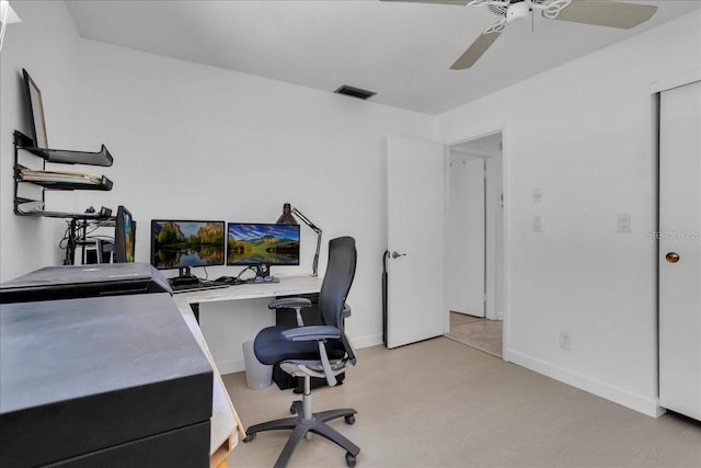 office space featuring ceiling fan and light hardwood / wood-style flooring