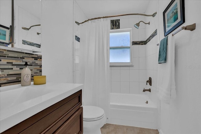 bathroom featuring tasteful backsplash, shower / tub combo with curtain, toilet, and vanity